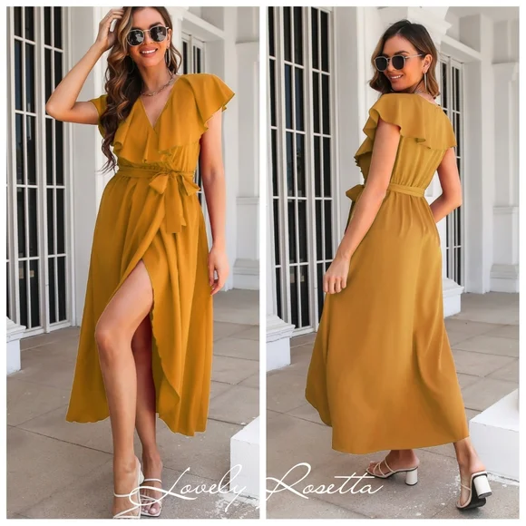 Romantic Ruffled Midi Dress with Wrap Silhouette and Slit - Picture 7 of 7